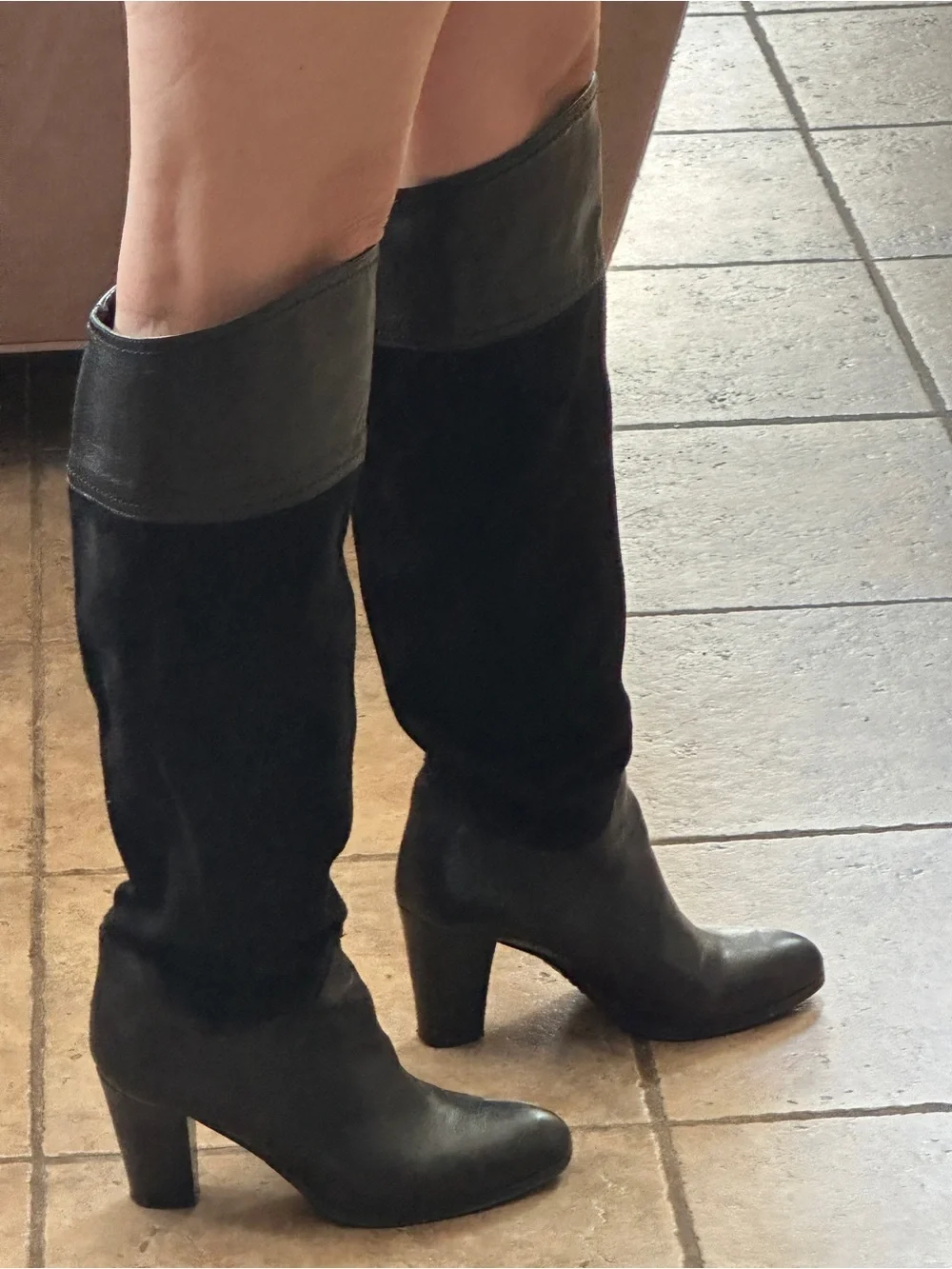 Black Genuine Leather and Suede Knee High Slouch Boots - size 37 size 7